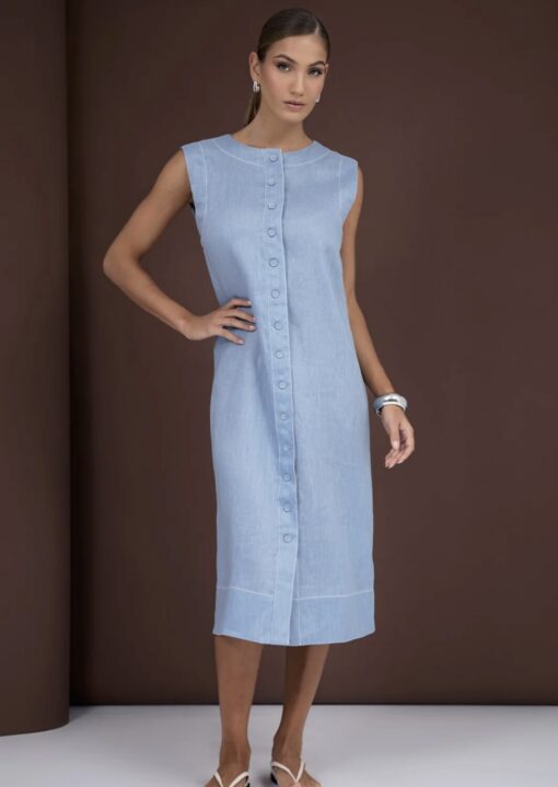 Lonnie Button Front Linen Midi Dress Blue